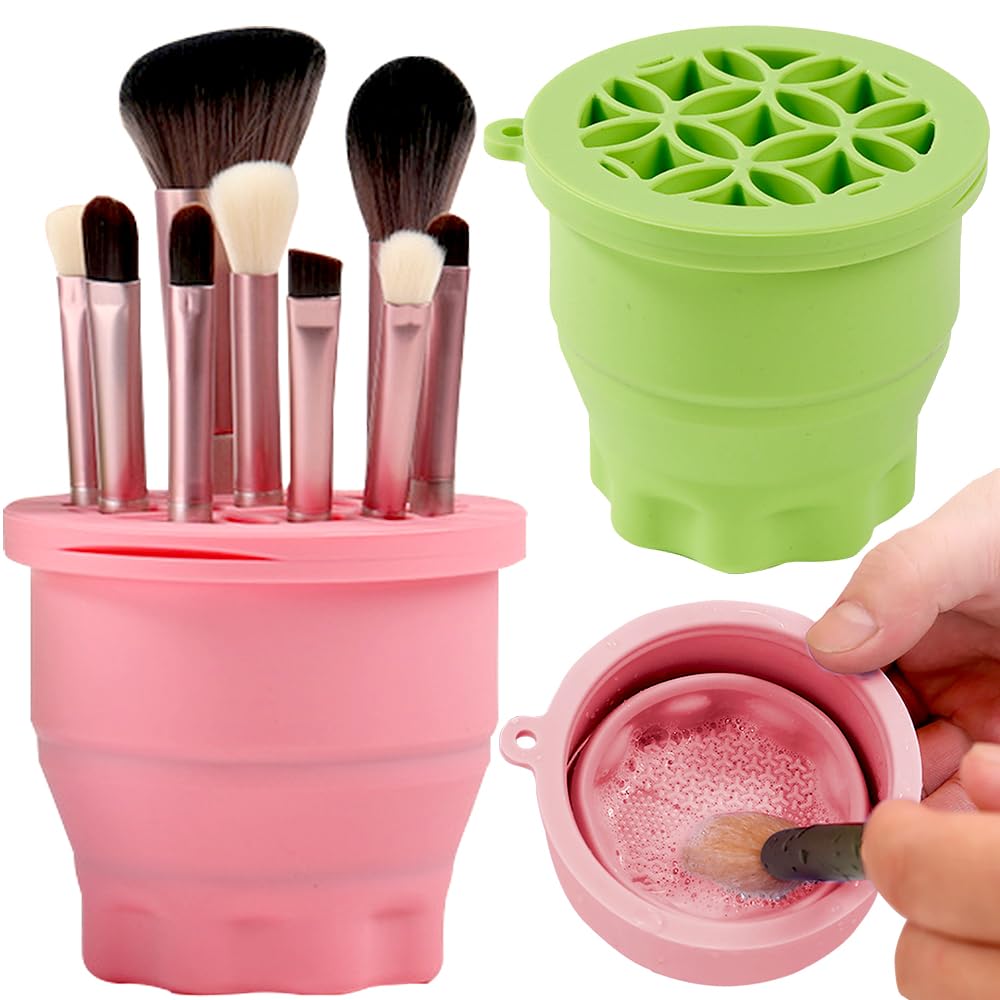 2 Pcs Silicone Makeup Brush Cleaner Cup,Portable Folding Makeup Brush Holder Reusable Green Pink Make Up Brush Cleaner Cups Multifunction Makeup Brush Cleaner Mat For Makeup Brushes Foundation Brush